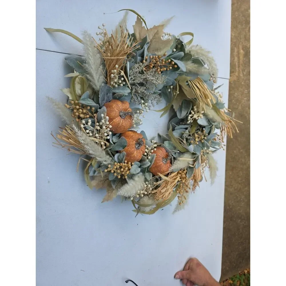 Fall Pumpkin Wreath: Boho Pampas Grass, Neutral Autumn Decor 20